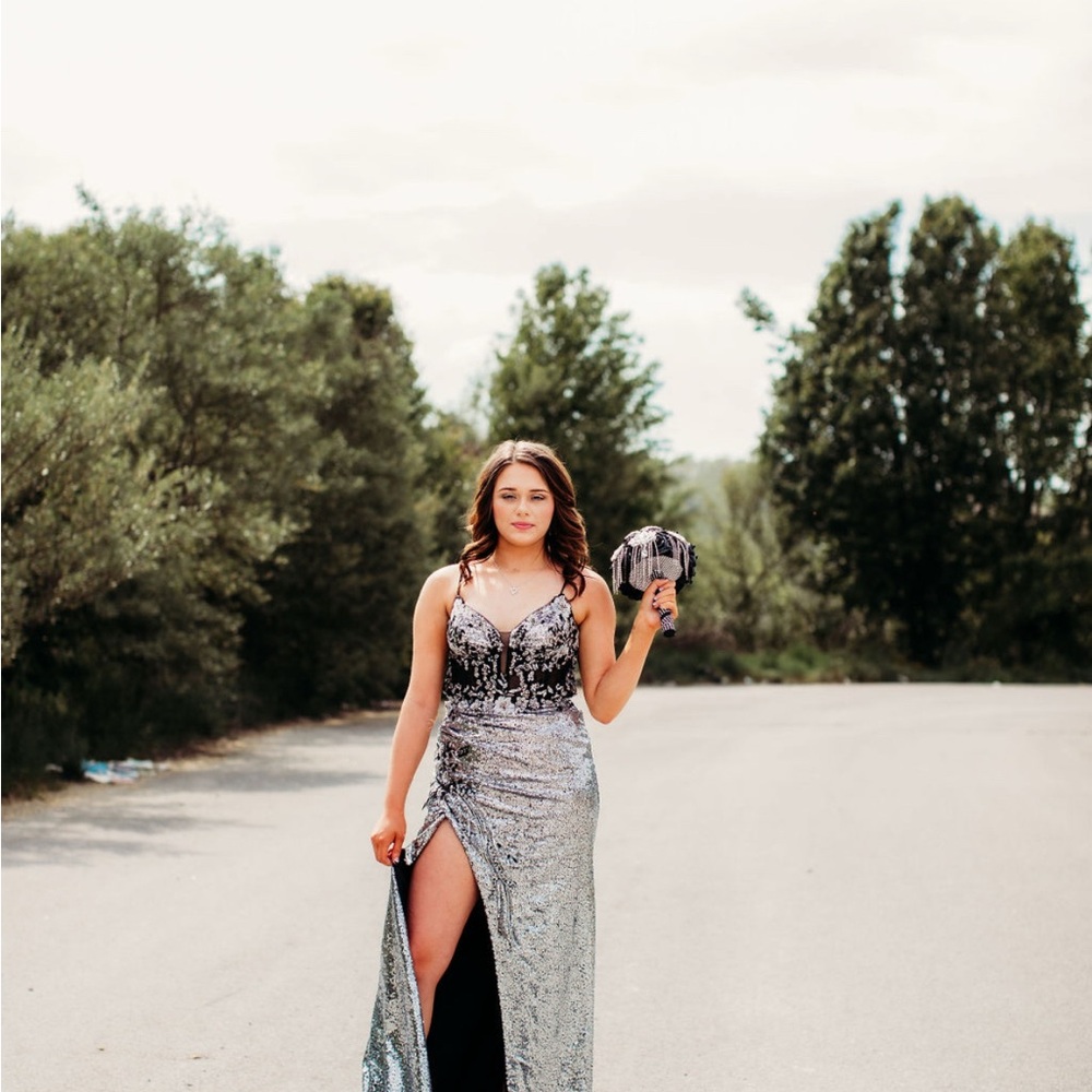 Silver Sequin Evening Gown with Black Lace Bodice